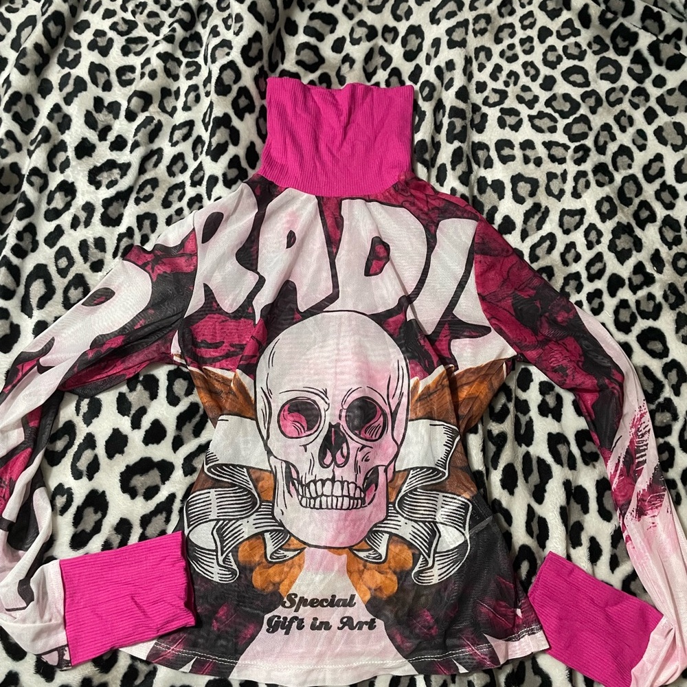 SHEIN Pink and Black Skull Print Blouse